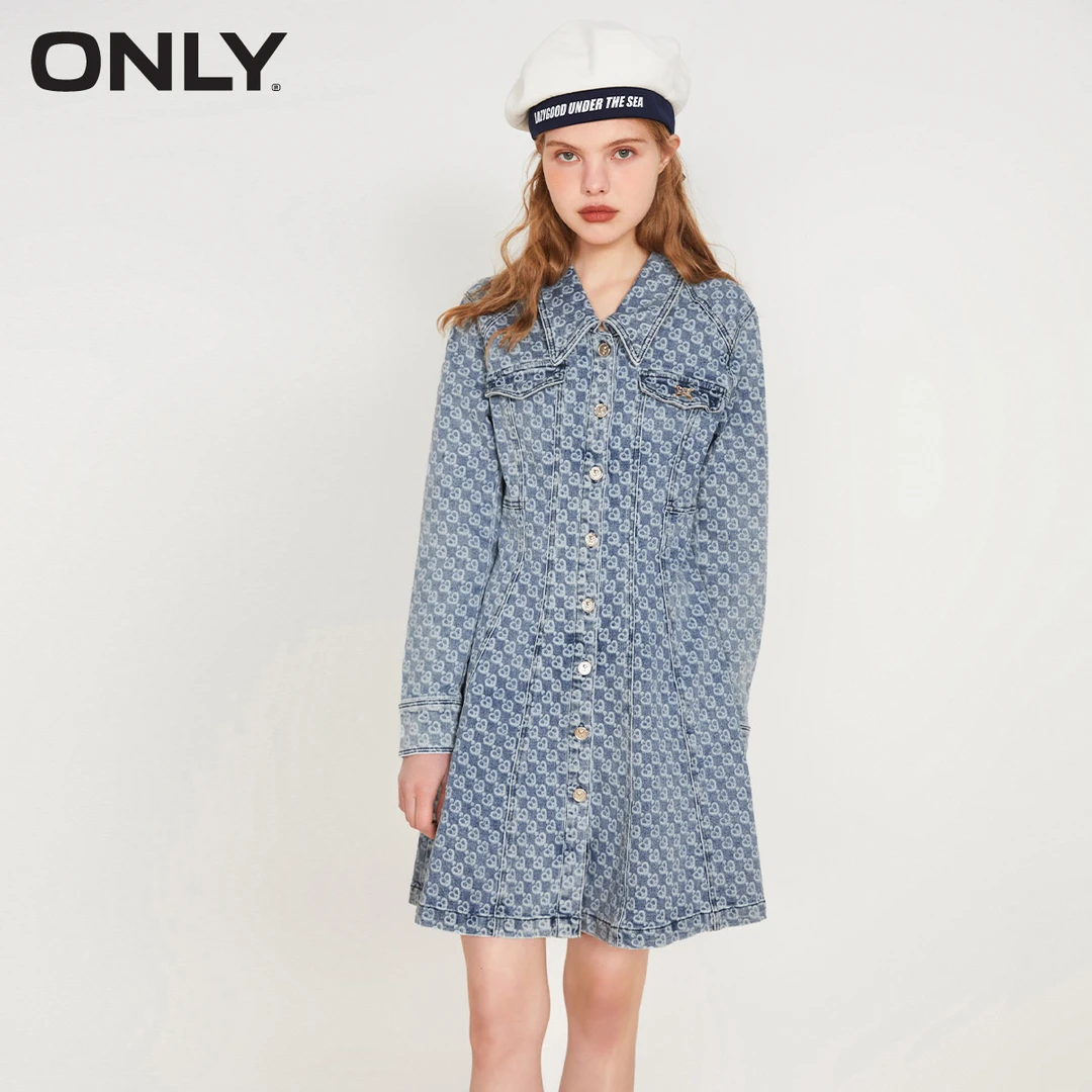 ONLY2023春款满印小香风牛仔连衣裙女|123142020