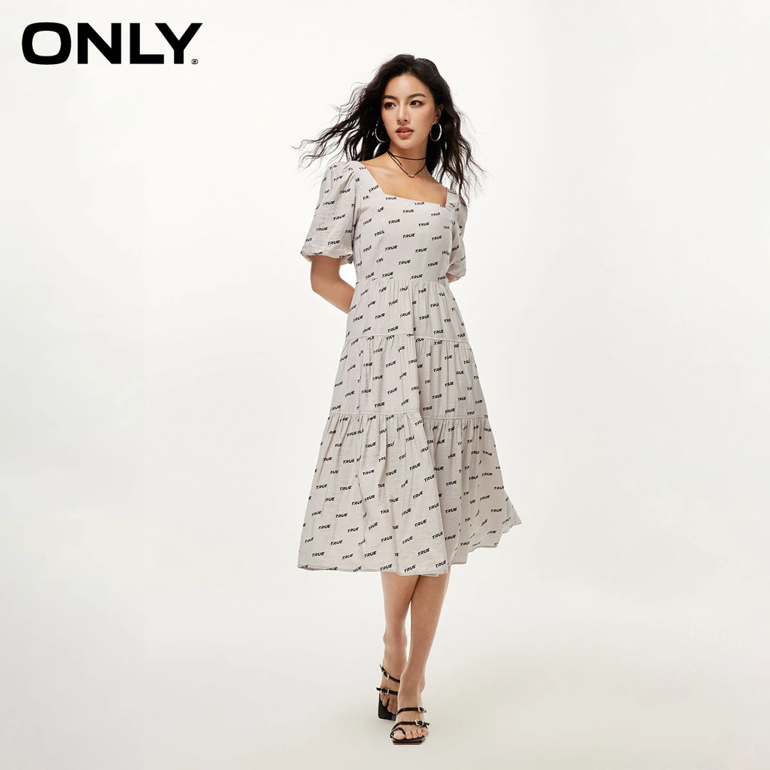 ONLY夏季新款气质复古字母满印方领中长款连衣裙女|123207085
