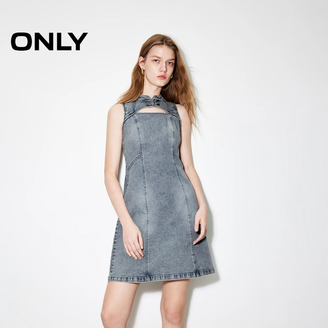 ONLY2025秋季新款新中式气质盘扣立领短裙牛仔连衣裙女|124342025
