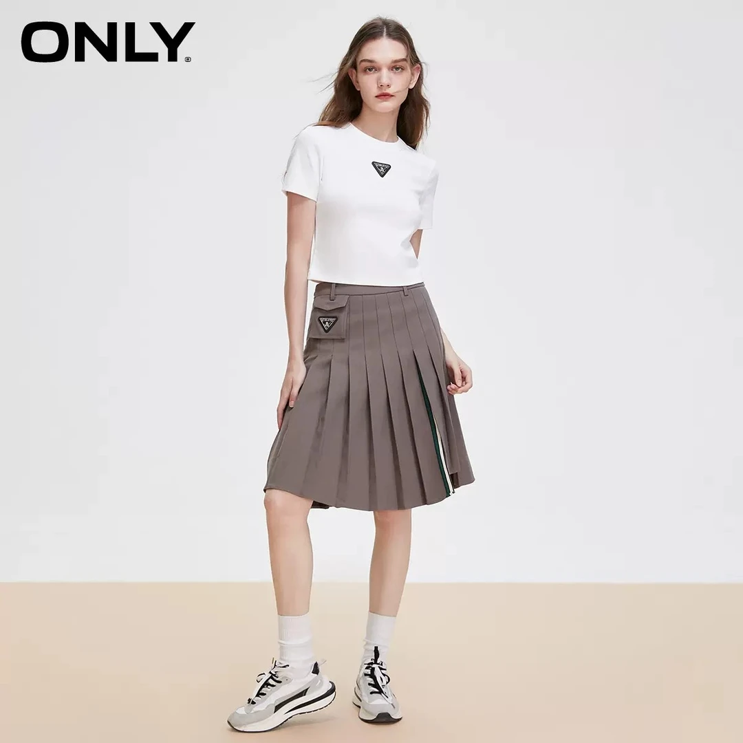 【许半夏推荐】ONLY时尚不规则下摆开叉中长百褶半身裙女|123116018