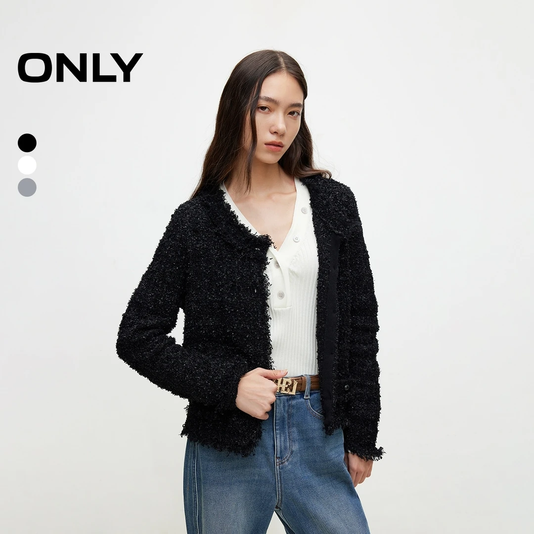 ONLY2025冬季新款优雅通勤纯色长袖开衫小香风针织衫女|12443B014