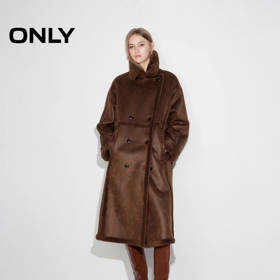 ONLY2025冬季新款潮流复古保暖拼接PU宽松长款外套女|1244PU004