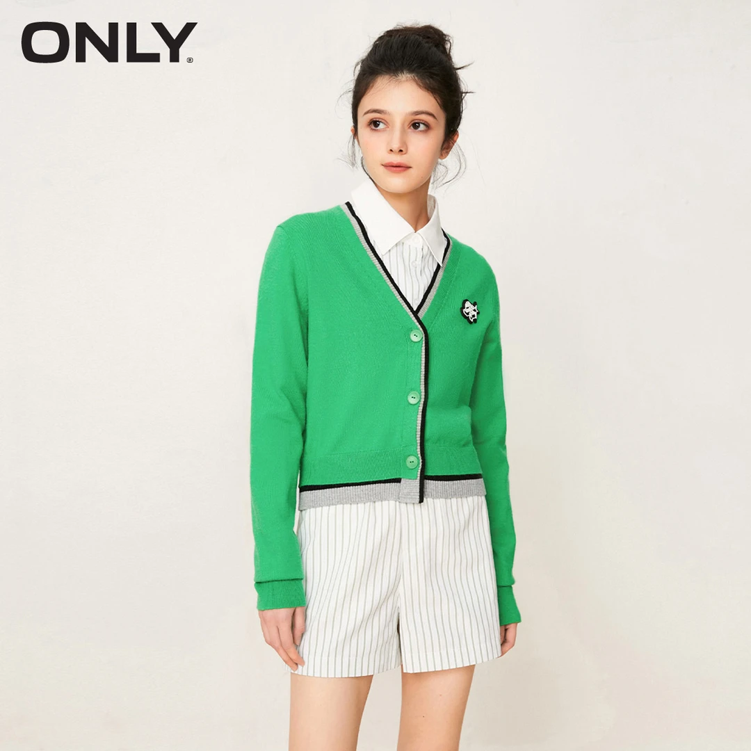 【赵老板专属】ONLY通勤撞色短款V领紧身长袖开衫针织衫女12313A011