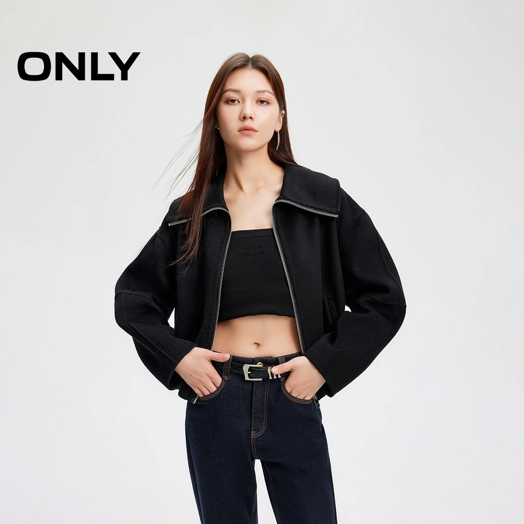 ONLY2025秋季新款纯绵羊毛双面呢翻领短款毛呢大衣女|12444T001