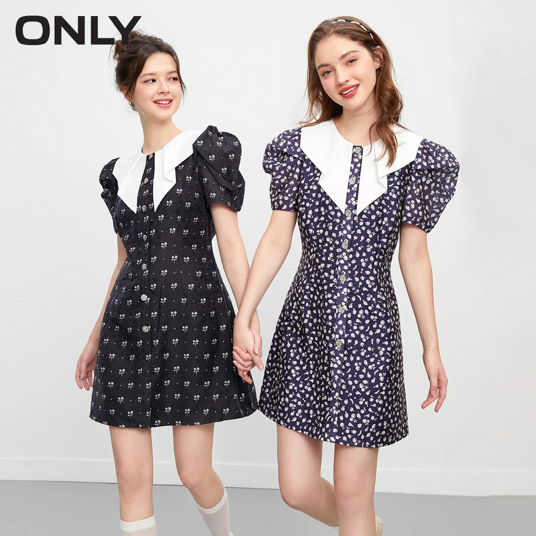 ONLY秋季时尚气质淑女设计感印花翻领短袖短款连衣裙女|123207010