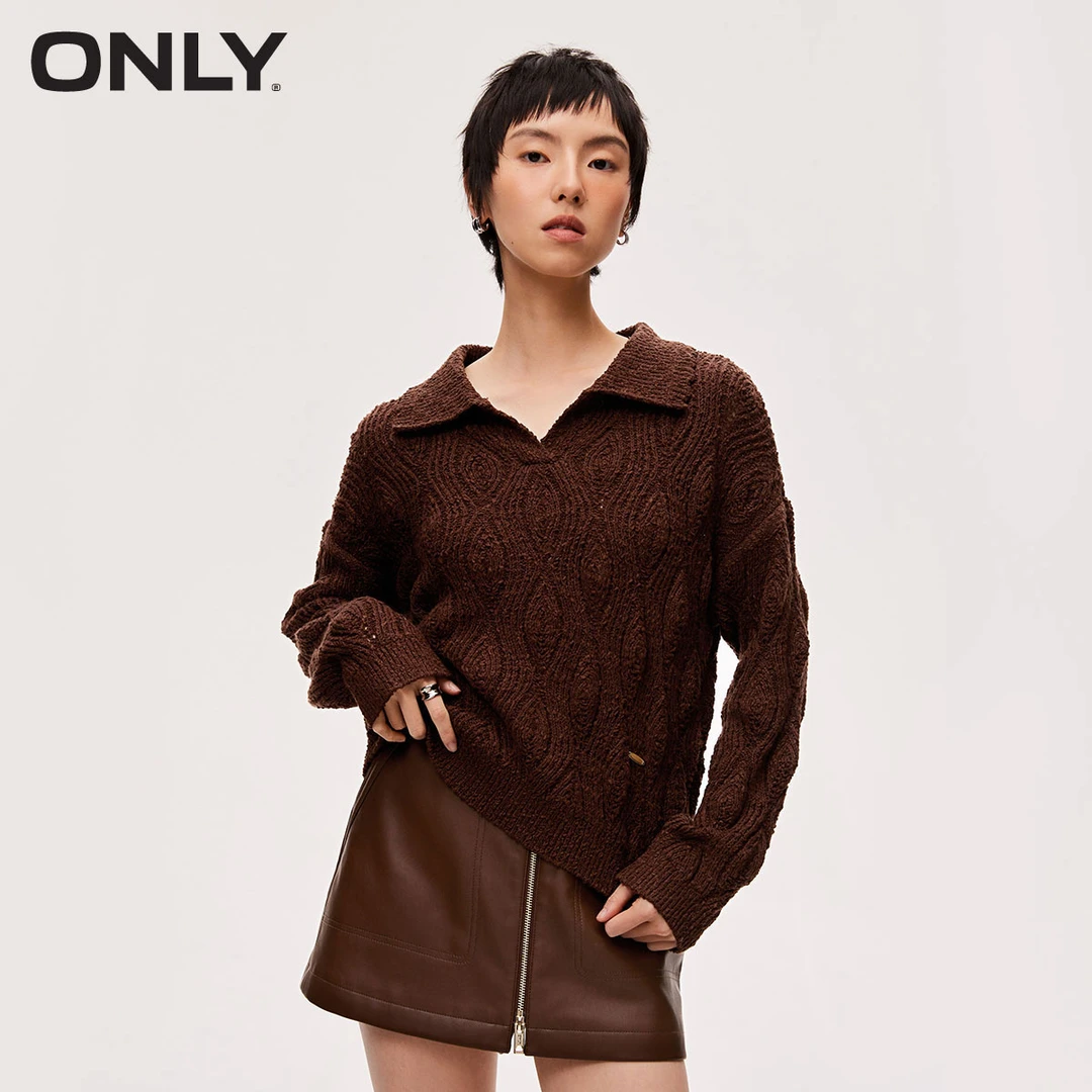 ONLY2025初秋新款百搭时尚衬衫领落肩宽松针织衫女|124113051