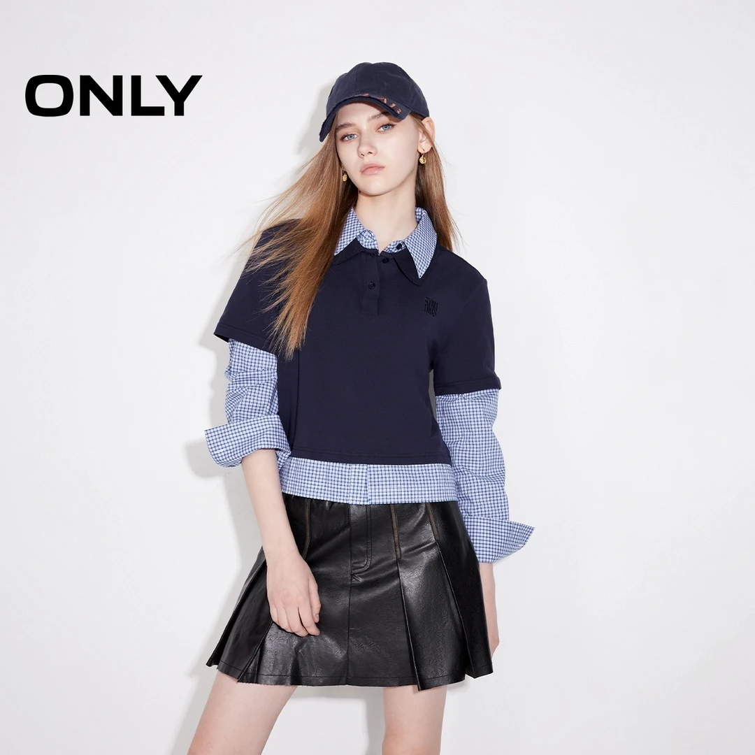 ONLY2024冬季新款学院风假两件格纹拼接衬衫蕾丝衫女|125151001