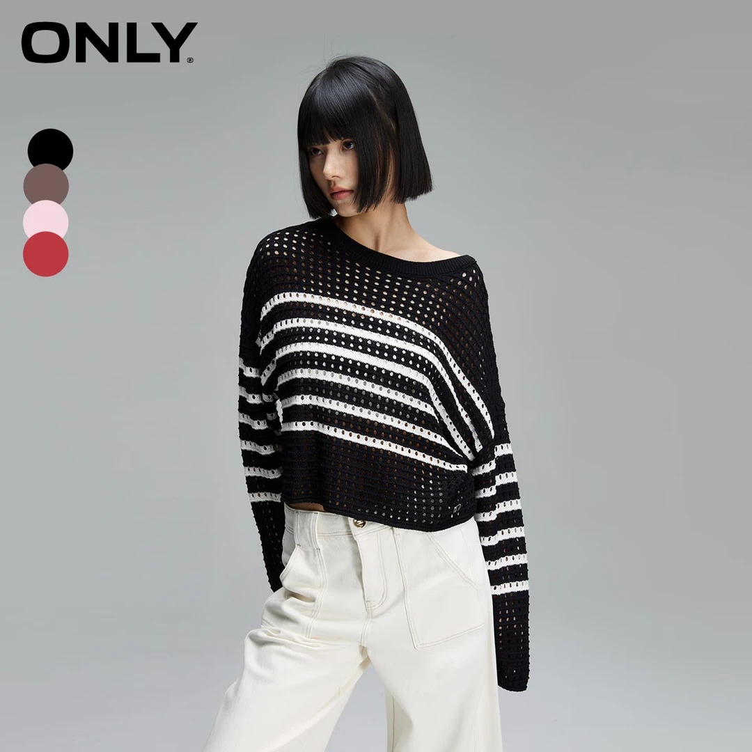 【金拐子专属】ONLY新款镂空条纹落肩短款毛衣针织衫女|124113007