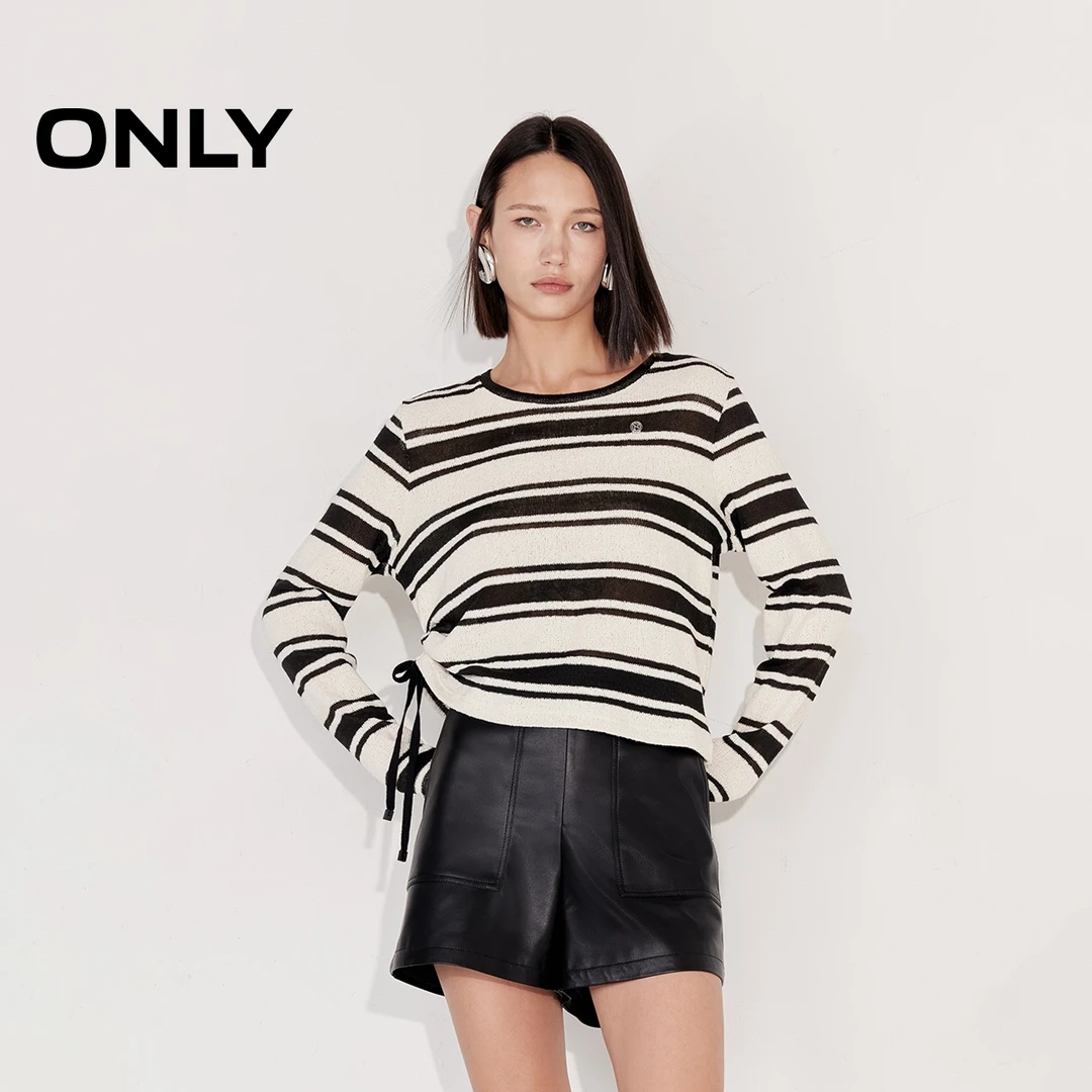 ONLY2025春季新款时尚经典条纹圆领宽松长袖T恤女|125102012