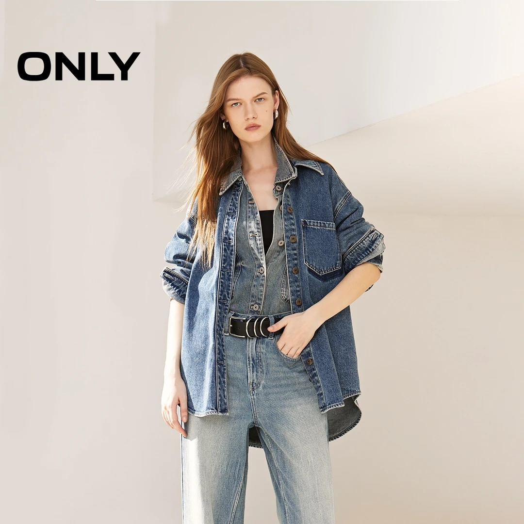 ONLY2025秋季新款时髦潮酷口袋翻领落肩宽松牛仔外套女|124354007