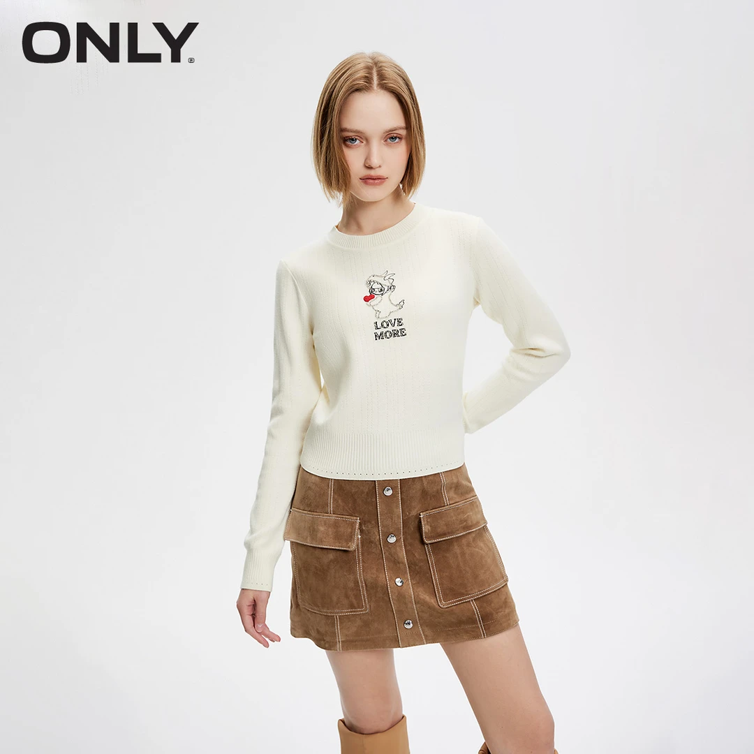 ONLY2025春季新款水钻刺绣螺纹圆领毛衣针织衫女|124113020