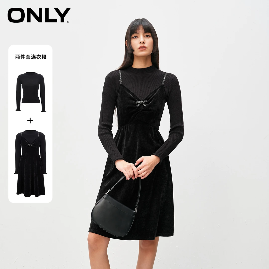 ONLY2025春季新款简约荷叶边蝴蝶结套装连衣裙女|124107008