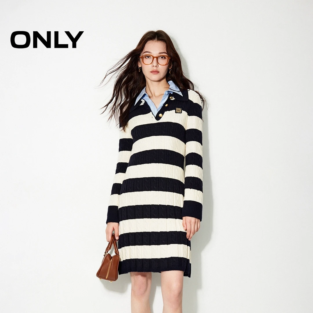 ONLY2025冬季新款百搭POLO领修身针织短裙长袖连衣裙女|124446005