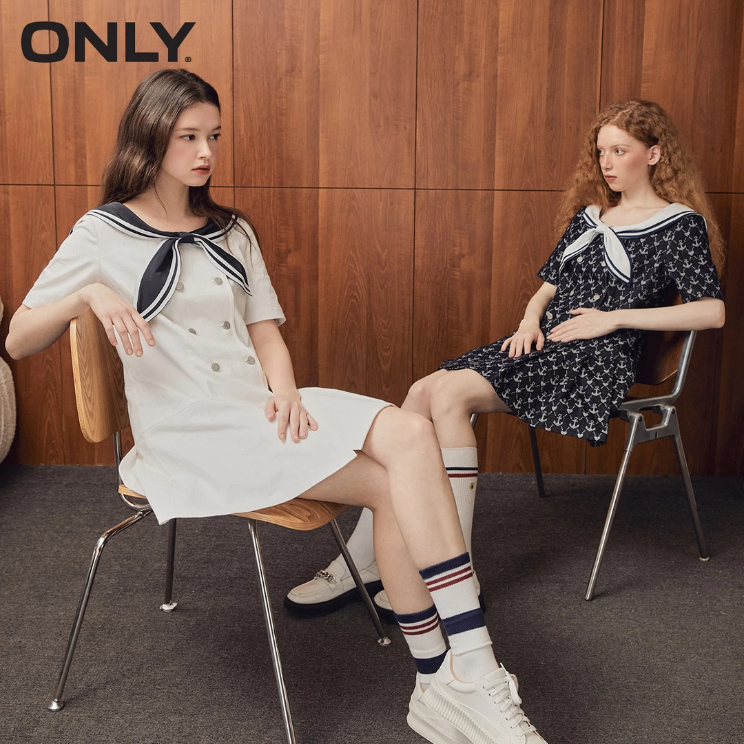 ONLY春季新款潮流海军领宽松时尚短款百褶牛仔连衣裙女|123142008