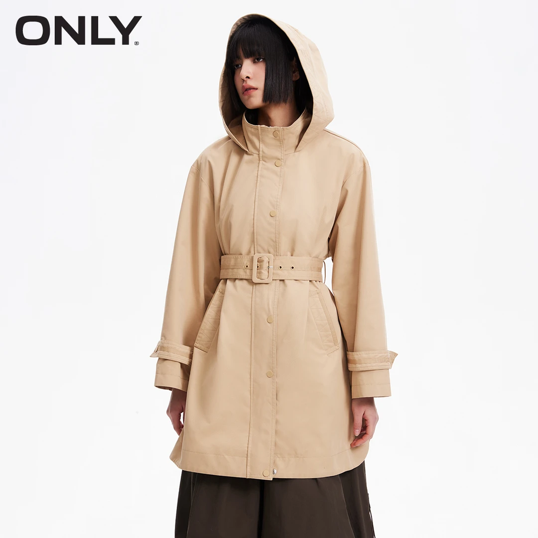 ONLY2025秋季新款时尚通勤开叉中长款连帽风衣外套女|124136014