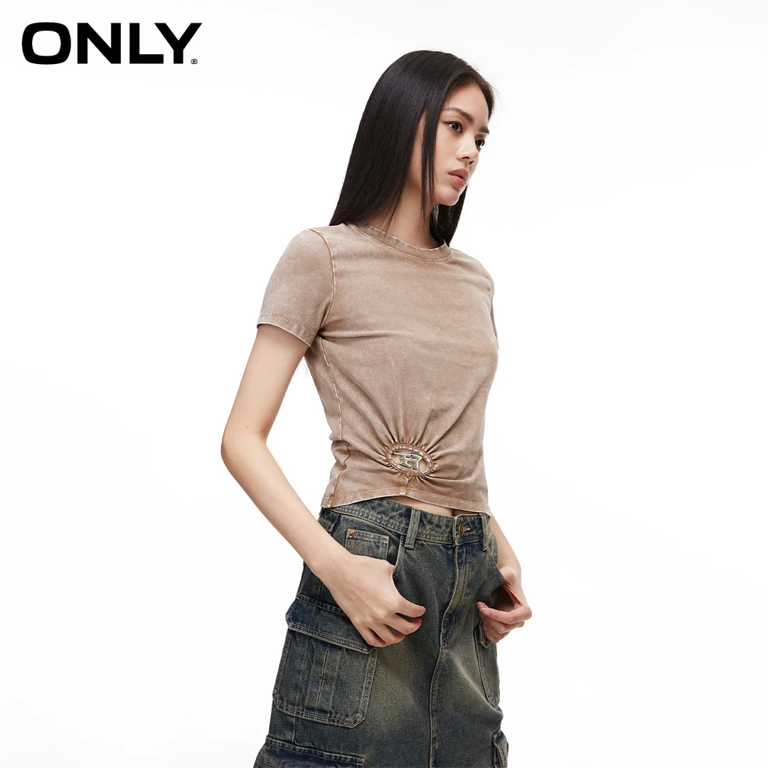 【金拐子专属】ONLY时尚修身圆领做旧正肩短款短袖T恤女|124201031