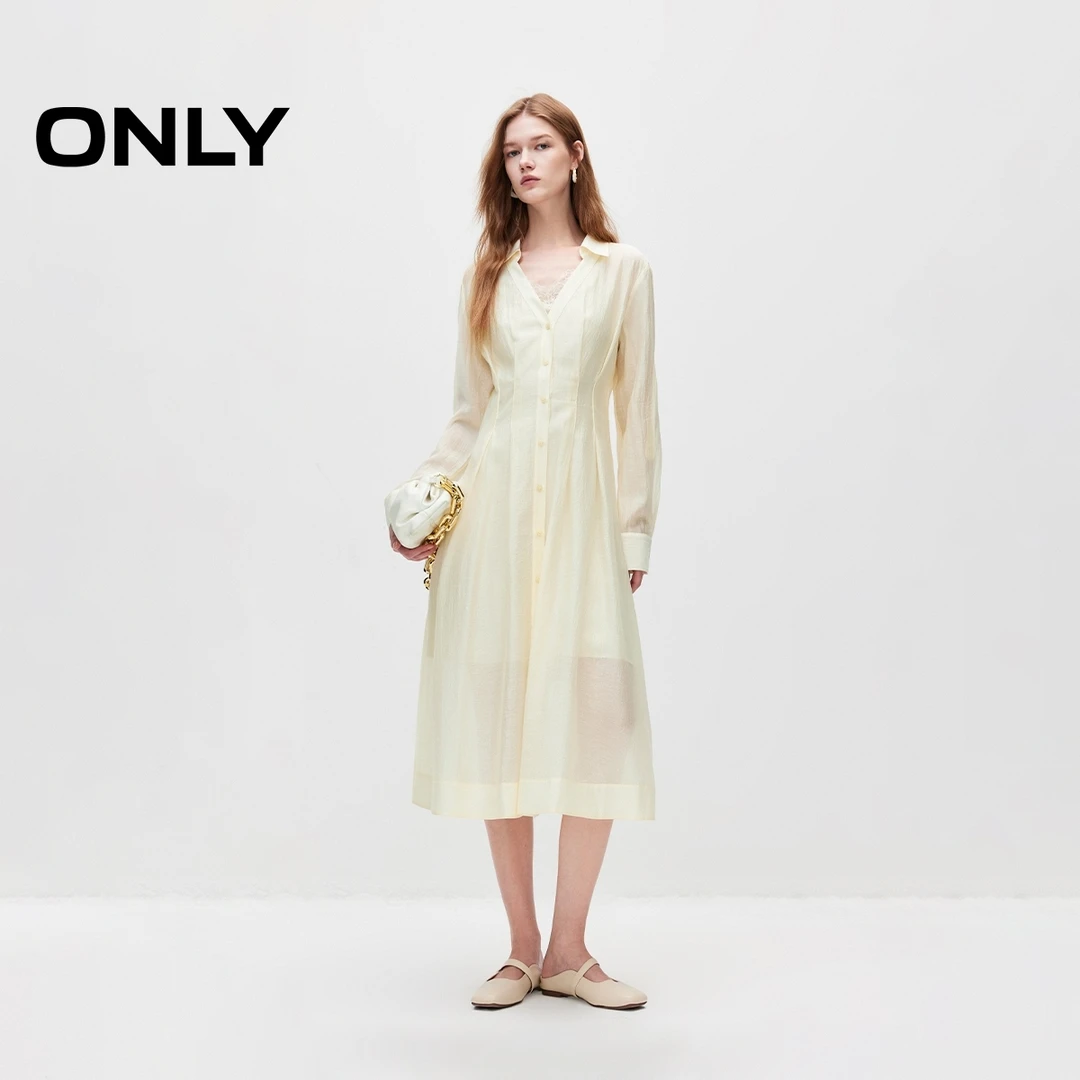 ONLY2025初秋新款气质优雅套装v领蕾丝中长款连衣裙女|124307047