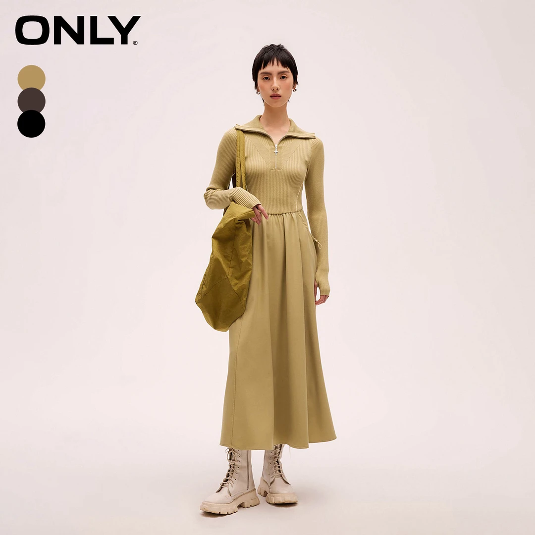 【陈大可专属】ONLY翻领长款伞裙针织连衣裙女|124107021