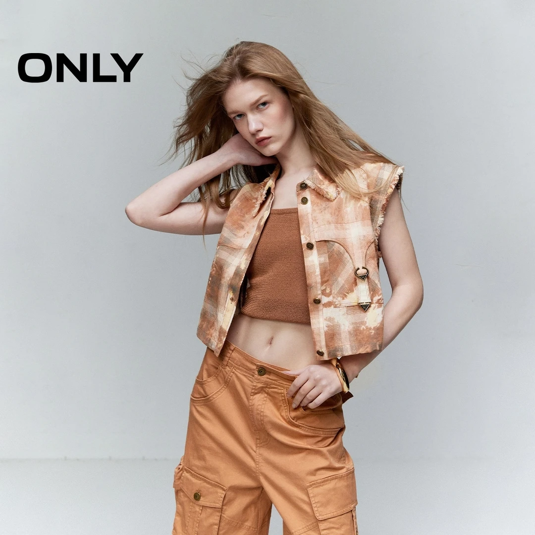 ONLY2025秋季新款潮流酷感格纹纯棉无袖短款衬衫女|12426V002