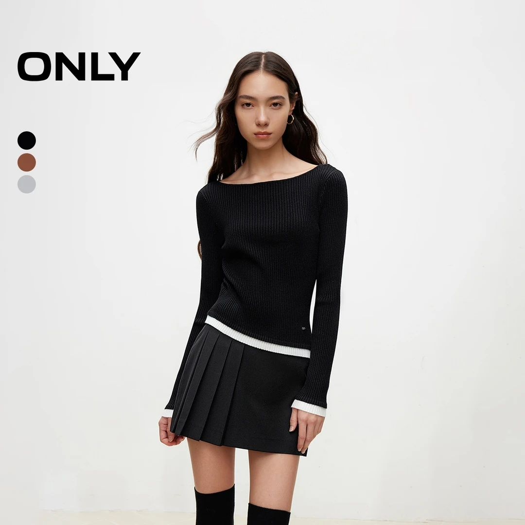 ONLY2025秋季新款气质简约拼接大领口修身打底针织衫女|124413013