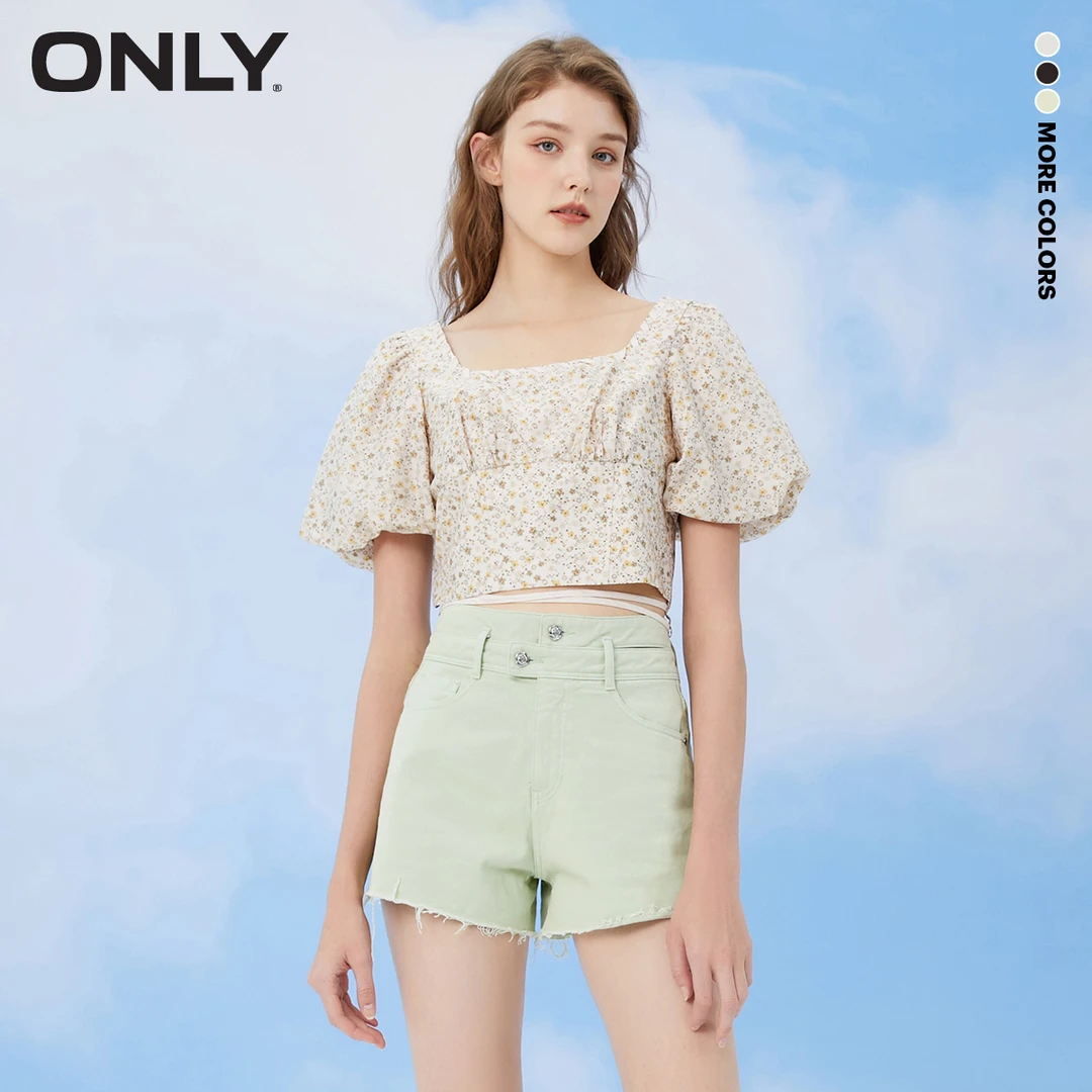 ONLY夏季时尚显瘦方领泡泡袖修身短款碎花雪纺衫T恤女|122241014