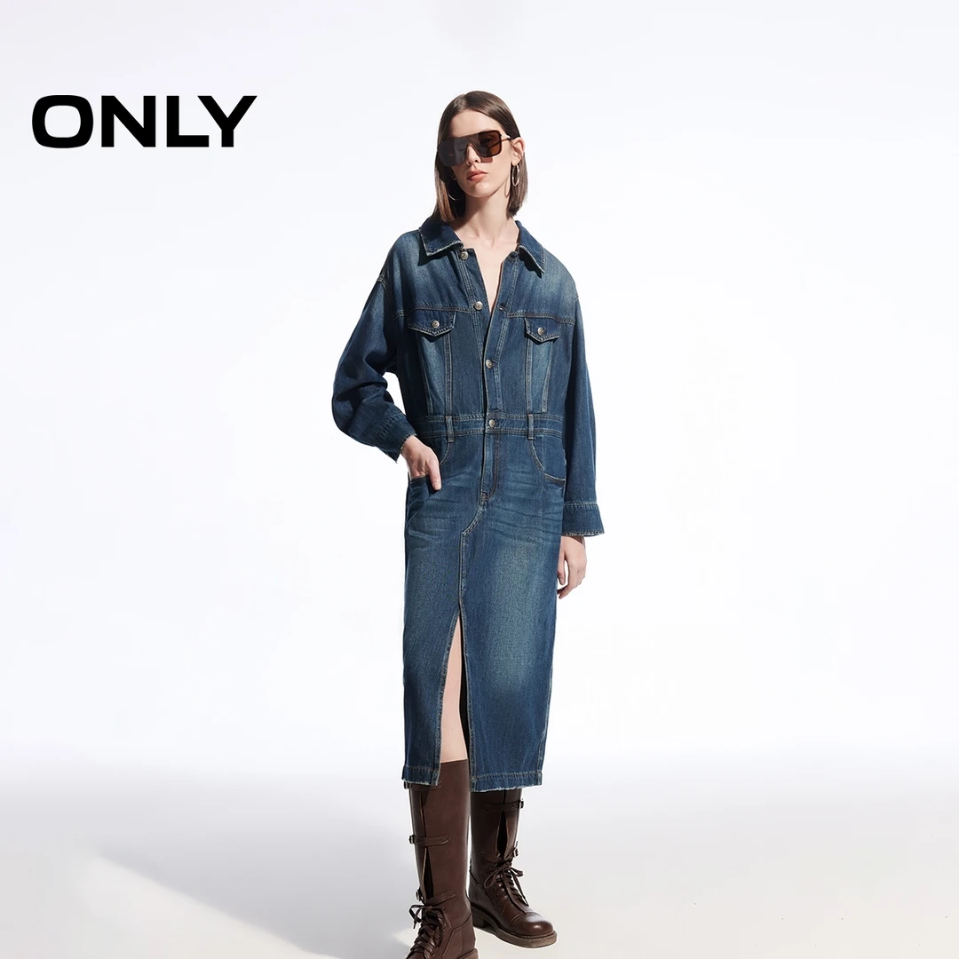 【辛小北专属】ONLY时尚通勤做旧直筒中长裙牛仔连衣裙女|124442007