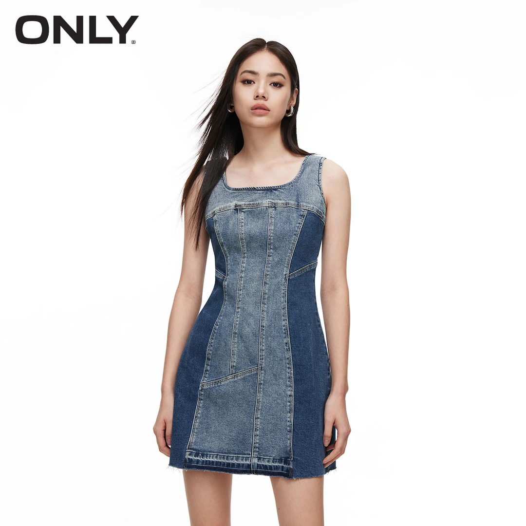 【金拐子专属】ONLY时尚辣妹U型领吊带牛仔短裙连衣裙女|124142018