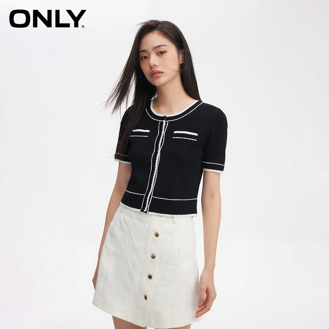ONLY2024初秋新款轻奢小众撞色开衫小香风针织衫女|12413A026