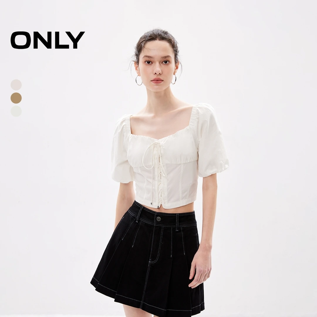 【尤莱特】ONLY2025夏季新款法式泡泡袖方领雪纺衫女|124251003