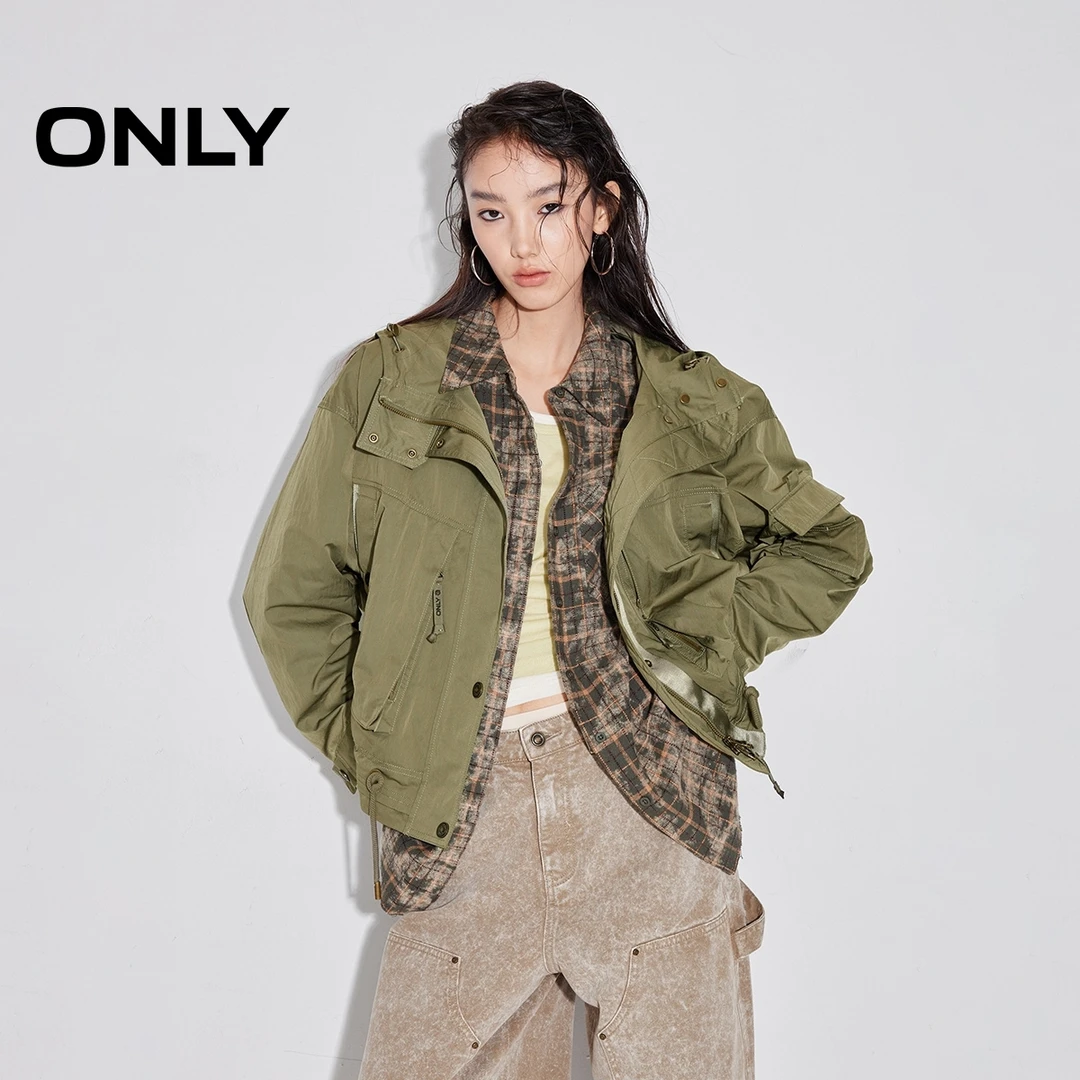 ONLY2025秋季新款休闲机能风落肩宽松保暖连帽外套女|125136014