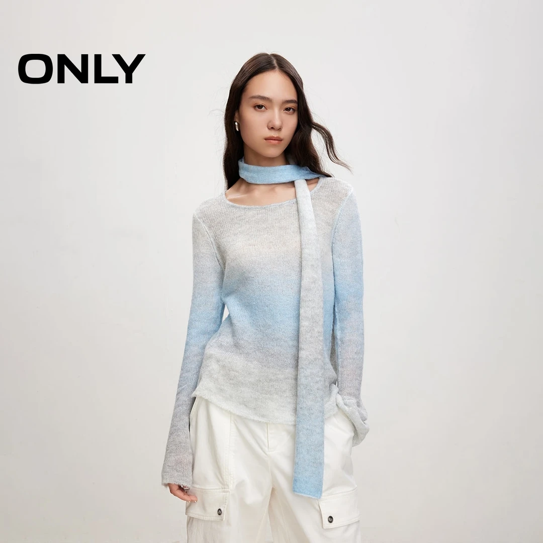 ONLY2025冬季新款温柔风飘带渐变喇叭袖毛衣针织衫女|124413027