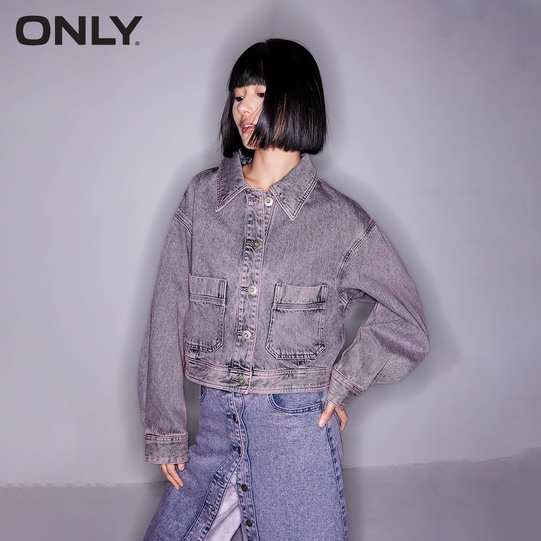 【陈大可专属】ONLY新款落肩宽松翻领短款牛仔外套女|124154004
