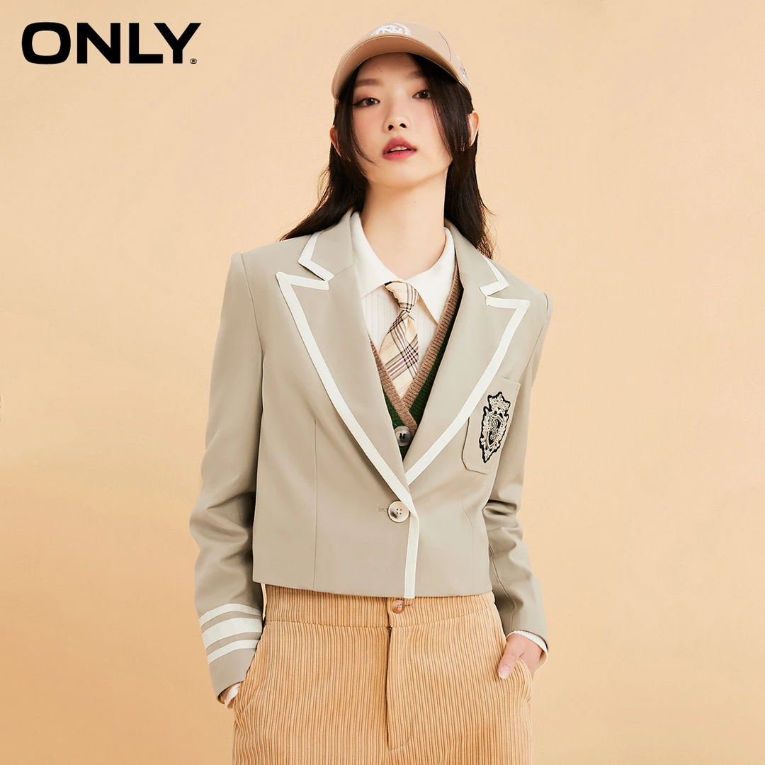 【赵老板专属】ONLY百褶西装短款直筒一粒扣长袖西服女|122308017