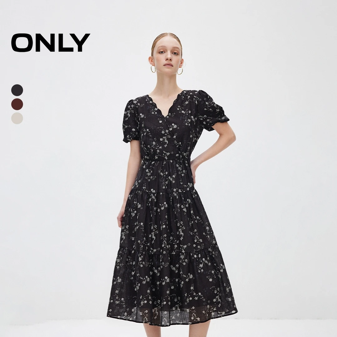 ONLY2025秋季新款法式V领泡泡袖碎花中长裙连衣裙女|125107015