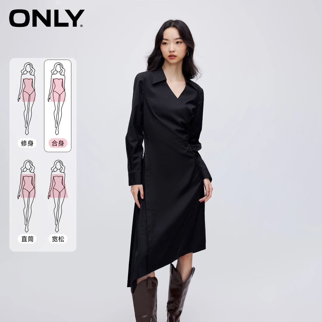 ONLY秋季时尚气质不对称设计感V领中长款长袖连衣裙女|123407006