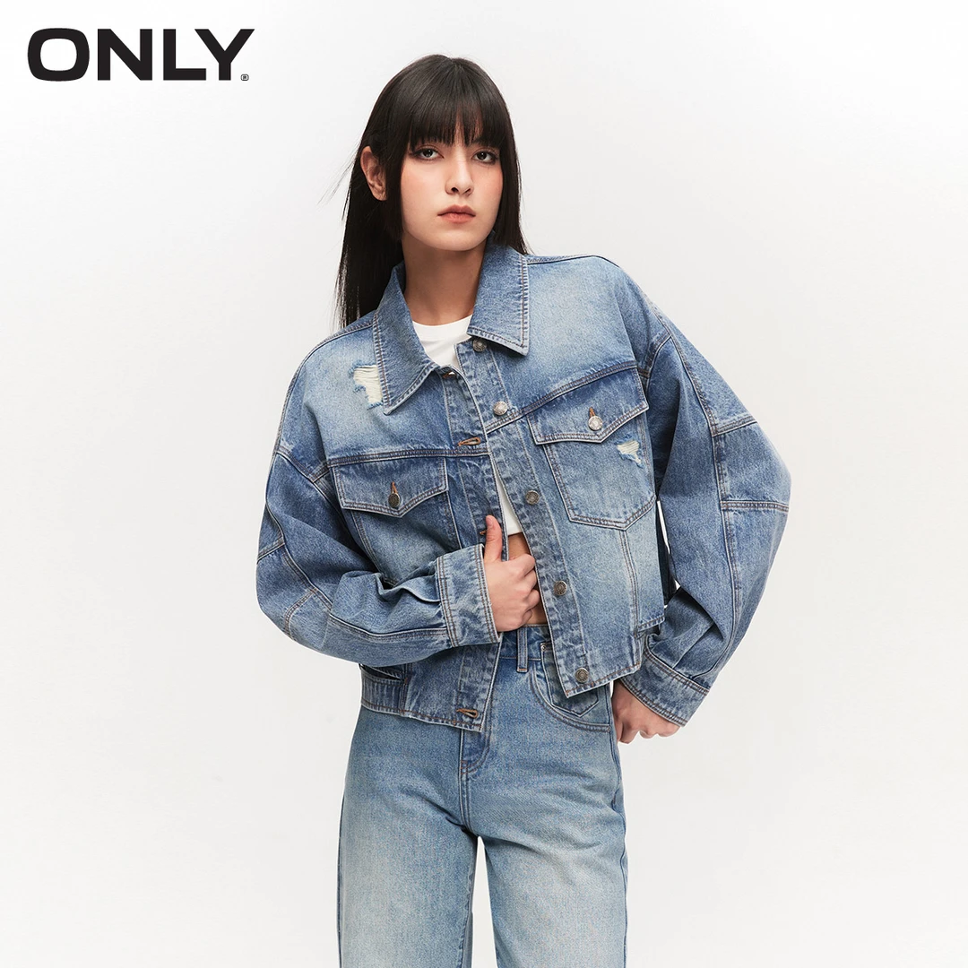 【金拐子专属】ONLY新款做旧设计宽松落肩短款牛仔外套女124154015