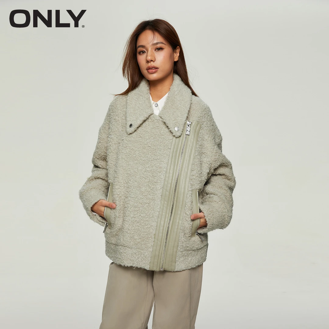 ONLY2025春季新款简约拉链拼皮设计宽松棉服外套女124122005