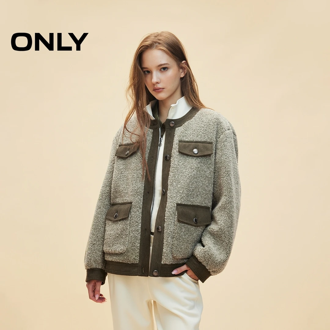 ONLY2025秋季新款潮流撞色口袋单排扣圆领棉服外套女|124322007