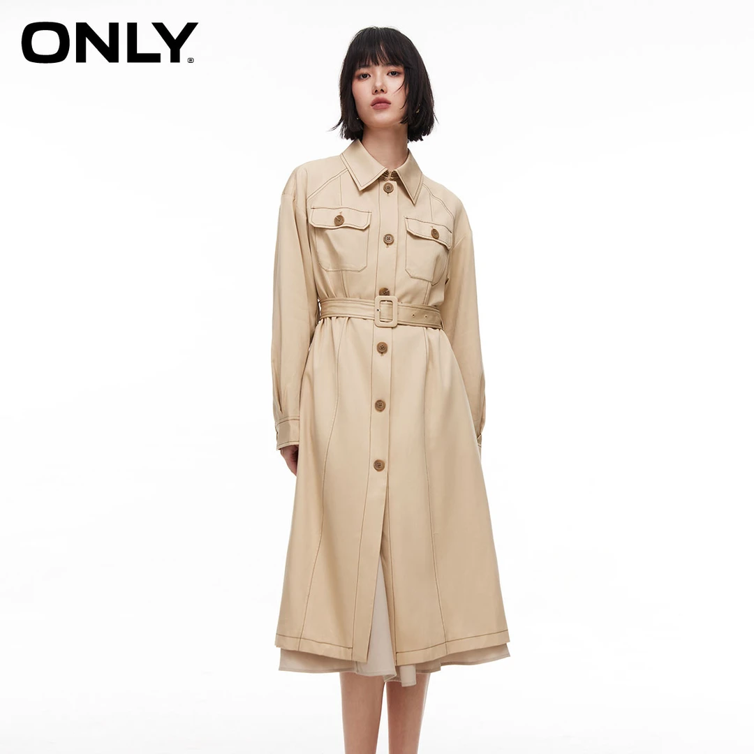 【许半夏推荐】ONLY简约宽松翻领开叉长袖中长款外套女|124136054