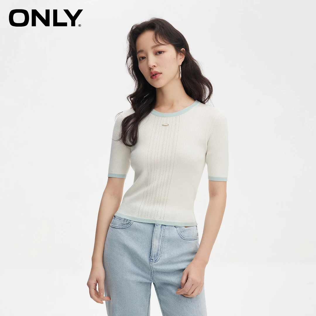 ONLY2024秋季新款简约轻奢小众撞色圆领修身针织衫女|124124033