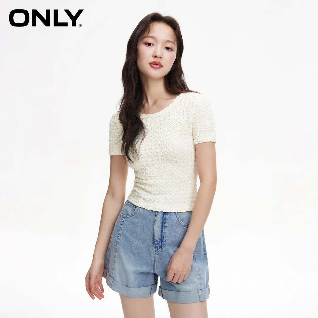 【赵老板专属】ONLY时尚泡泡褶皱面料圆领修身短款T恤女|124201004
