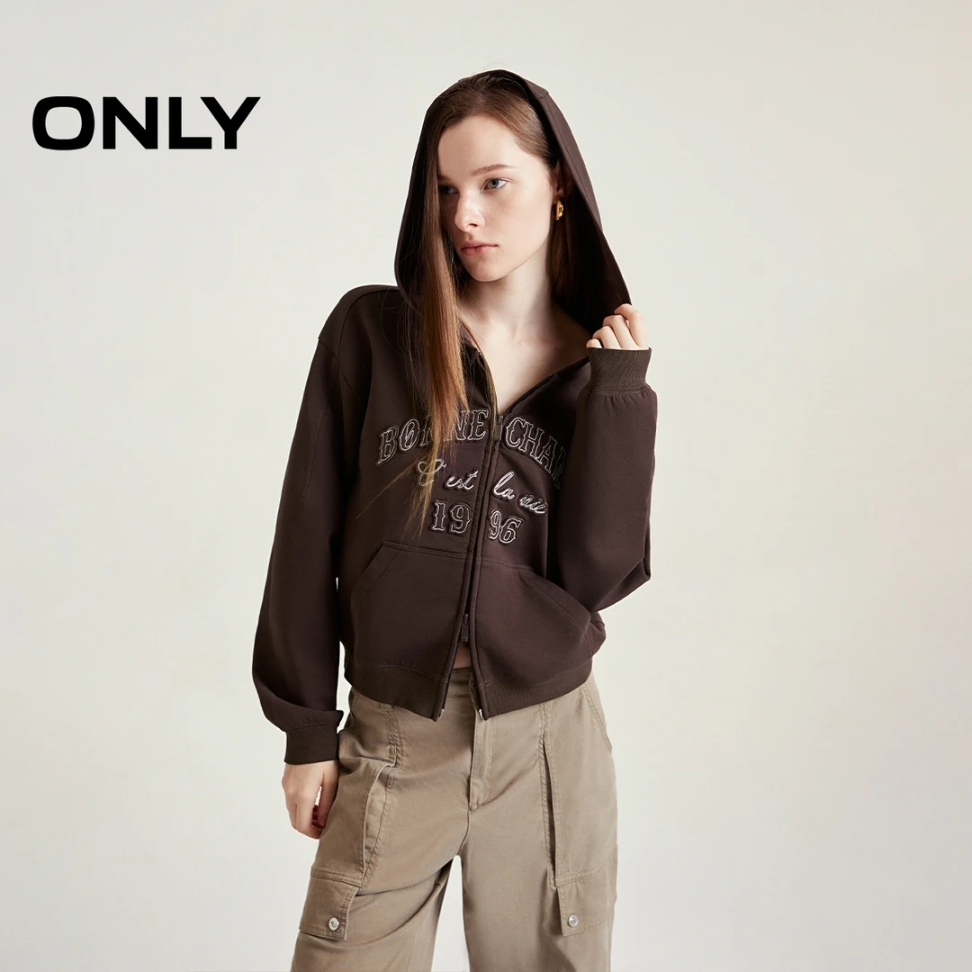 ONLY2024秋季新款运动休闲立体字母连帽开衫卫衣女|12439R015