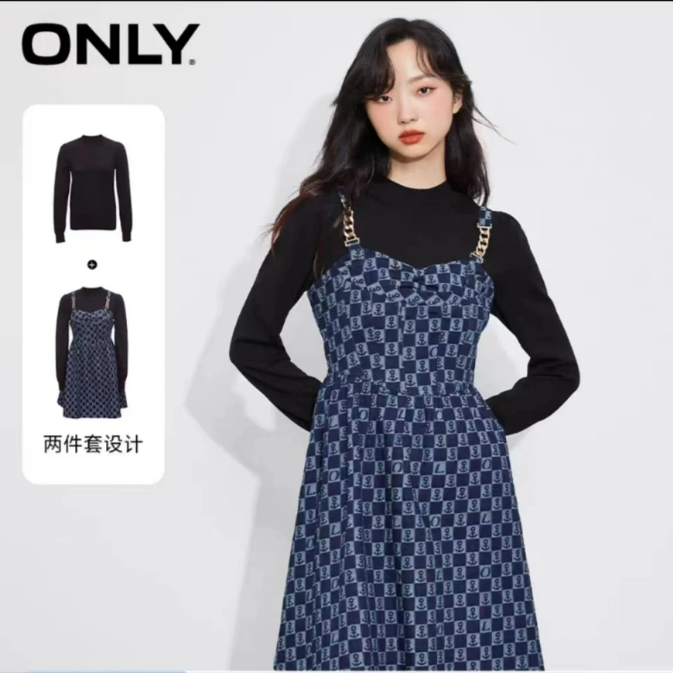【婷婷专属】ONLY吊带两件套盐系复古长袖连衣裙拼接女|122442005