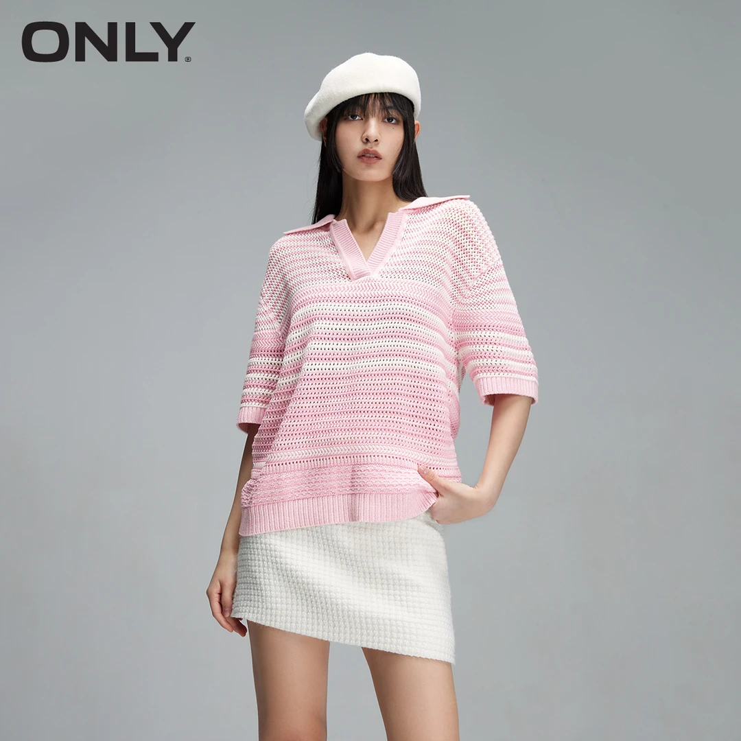 ONLY2024春季新款镂空POLO领落肩短袖针织衫女|124124008