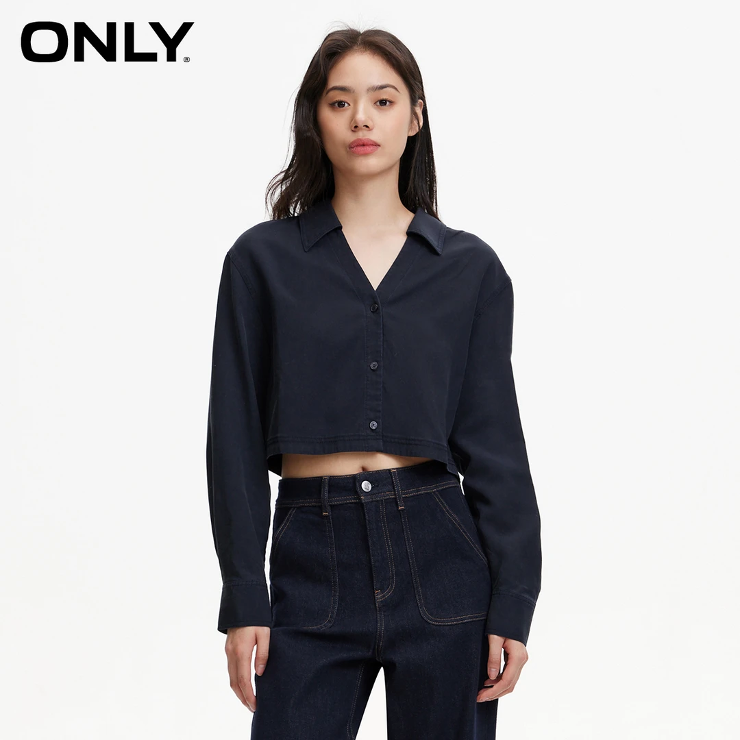 【赵老板专属】ONLY新款休闲百搭翻领做旧宽松短款衬衫女|124105021