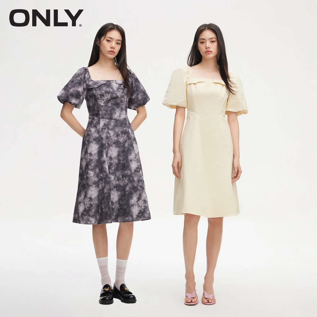 ONLY2025春季新款时尚灯笼袖方领纯色中长款连衣裙女装|124107069