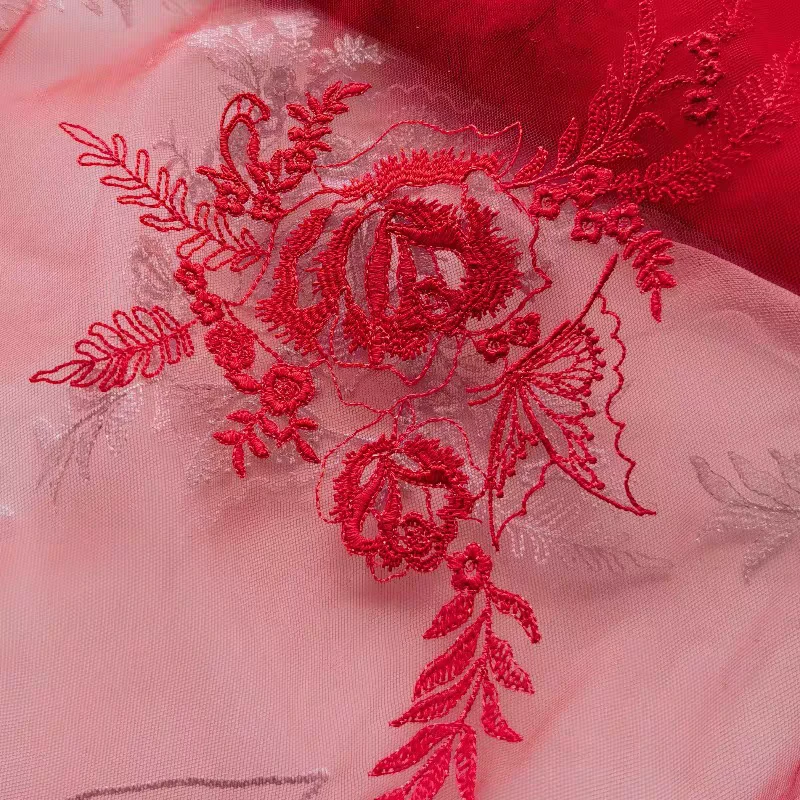 6片红色网纱刺绣花朵 刺绣扇面花贴高端蕾丝花片无背胶