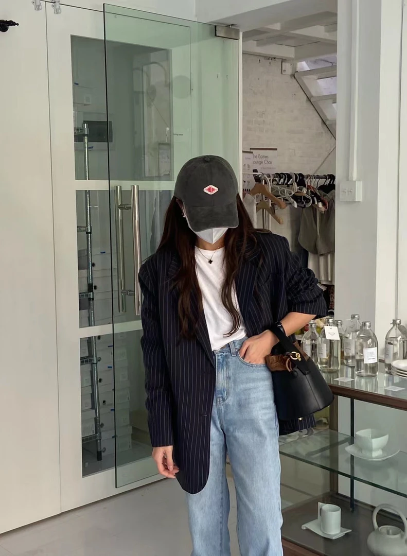 西装韩版宽松做旧长袖牛仔百搭休闲设计师时尚黑色上衣气质