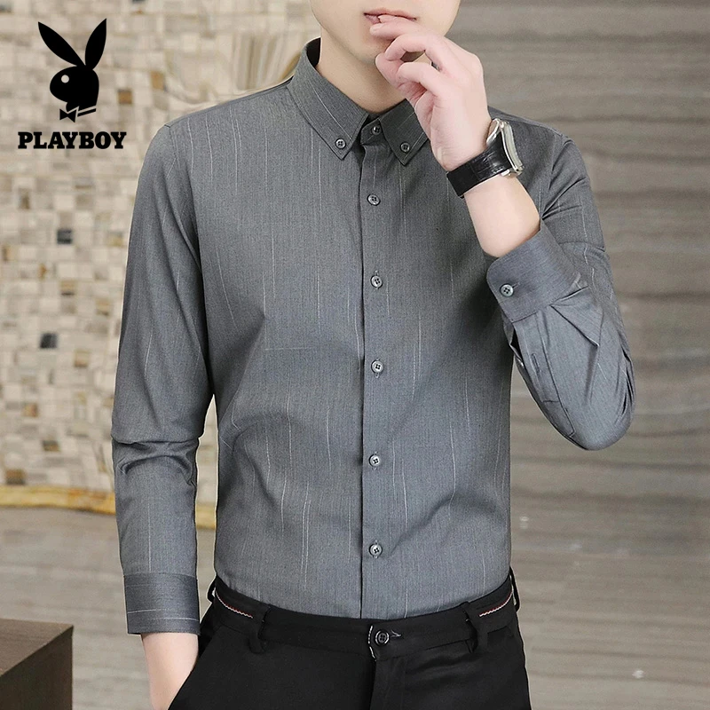 花花公子条纹衬衫男款长袖加绒加厚秋冬季高级感商务黑色男士衬衣