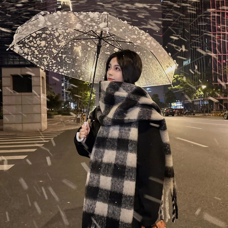 黑白大格子围巾 时尚百搭围巾 流苏围脖 长款围巾 骑行披肩